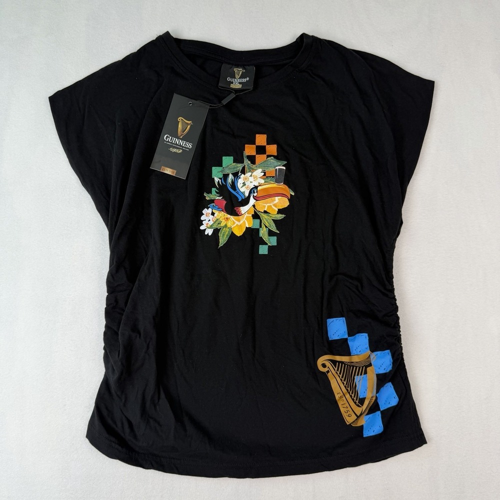 Guinness T-Shirt Womens XL Black Tucan Ruched Crew Neck 100% Cotton